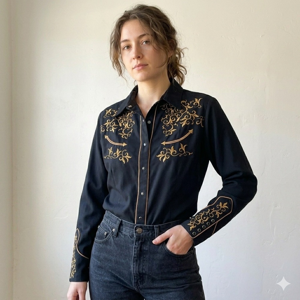 Roper Western Top Womens Plus Size 1X Black Gold Embroidered Rose Cross Snap